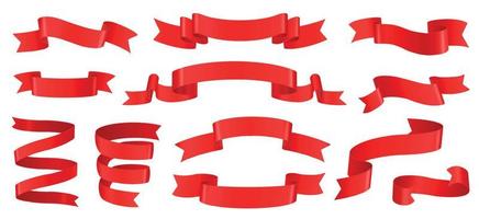 realista rojo cintas, seda bandera decoración elemento. vacío rizado cinta etiquetas para producto venta, descuento oferta pancartas 3d cinta vector conjunto