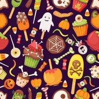 Cartoon halloween treats, candies and sweets seamless pattern. Spooky eye lollipop, ghost cookie, caramel apple. October holiday vector texture