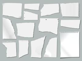 Ripped paper scraps with torn edges, ragged papers pieces. Realistic white crumpled notebook sheets, shredded page strips vector set