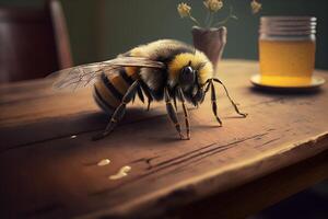 Closeup view of honey bee on the table, in a flight and on honeycomb. Useful insect photo