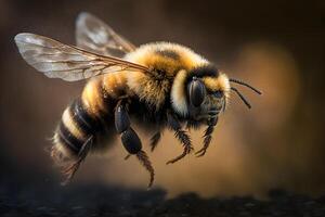 Closeup view of honey bee on the table, in a flight and on honeycomb. Useful insect photo