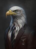 Portrait of eagle in black suit white t-shirt, usa flag tie. Abstract personage on the grey background. photo