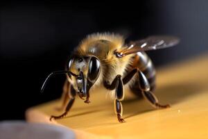 Closeup view of honey bee on the table, in a flight and on honeycomb. Useful insect photo