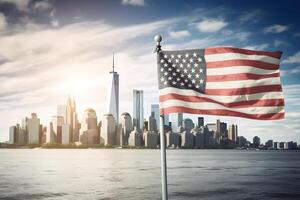 ai generado nuevo York ciudad horizonte cuadro. silueta de rascacielos con Estados Unidos bandera en el antecedentes foto