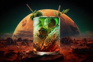 Wet glass of fresh cool cold mohito cocktail on the table at beach at summer time. Abstract surreal magic cocktail in space or other planet like mars. Under water ocean beverage. photo