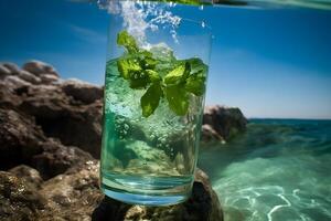 Wet glass of fresh cool cold mohito cocktail on the table at beach at summer time. Abstract surreal magic cocktail in space or other planet like mars. Under water ocean beverage. photo