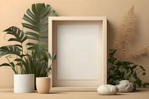frame biege empty mockup in minimalist interior with plants nearby on biege background photo
