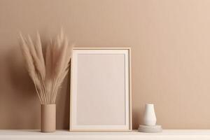 frame biege empty mockup in minimalist interior with plants nearby on biege background photo