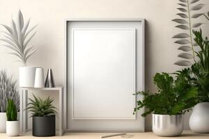 frame biege empty mockup in minimalist interior with plants nearby on biege background photo