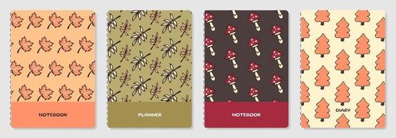 Trendy covers set. Cartoon covers design with maple leaf, twigs, amanita and fir tree. Vector patterns with plants for notebooks, planners, brochures, books, catalogs etc. Easy to re-size.