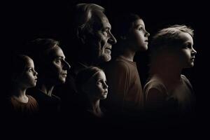 Different generations of family stand together against dark abstract background. photo