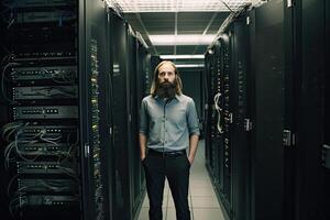 Male engineer in server room. Data center maintenance. photo