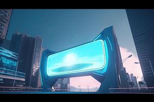 Futuristic neon city with billboard at street. photo