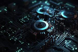 Digital gear wheels on circuit board. High technology engineering. photo