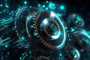 Digital gear wheels on circuit board. High technology engineering. photo