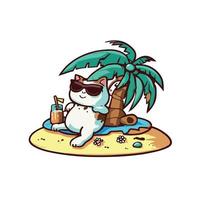 cute cat Enjoy summer sunbathing on a small island under coconut tree while drinking iced juice vector