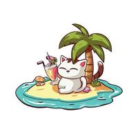 cute cat Enjoy summer sunbathing on a small island under coconut tree while drinking iced juice vector