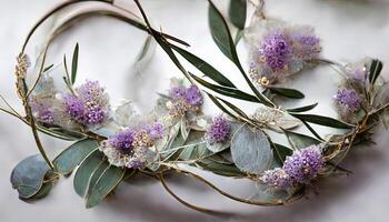 Awesome Lavender flowers and eucalyptus branches isolated on white, Floral wreath. photo