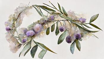 Botanical round wreath, watercolor hand drawn. photo