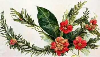 mistletoe, eucalyptus leaves, spruce, pine cone, red, white berries. photo