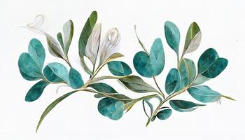 Assortment of watercolor leaves with gardenia white flower. photo