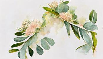 watercolor Eucalyptus leaves seamless border, Watercolor floral illustration, Greenery and jasmine. photo