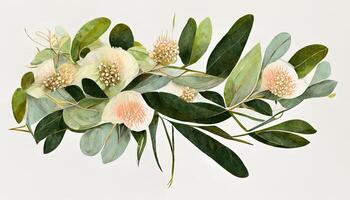 Assortment of watercolor leaves with gardenia white flower. photo