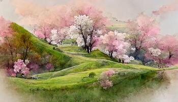 Watercolor sketch with cherry tree in full blossom. photo