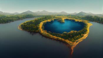 Heart shaped island aerial view i love travel beach and sea bird'seye view. photo