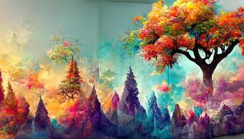 excelente 3d mural fondo de pantalla para lona para marcos digital gráfico me gusta el impresión de dibujo, vistoso árbol digital paisaje. generativo ai foto