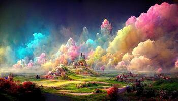 Amazing 3d rendering of a colorful fantasy landscape, Detailed, colored. photo