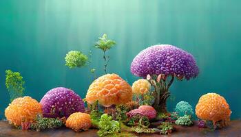 Floating underwater island with turquoise pink coral reef, blue seaweeds, algae, purple sponges, orange fishes. photo