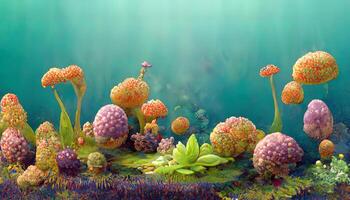 Floating underwater island with turquoise pink coral reef, blue seaweeds, algae, purple sponges, orange fishes. photo