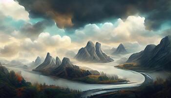 Fantasy gloomy landscape with mountains and river, Fog, dramatic clouds, 3D illustration, Detailed, colored. photo