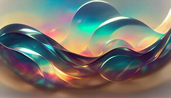 3d render abstract background in nature landscape, Transparent glossy glass ribbon on water. photo