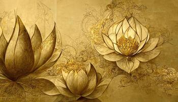 Luxurious background design with golden lotus, Lotus flowers line art design for wallpaper. photo