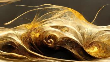 Awesome Abstract motion art with surreal golden flowers, inticate flow waves in gold colors. photo