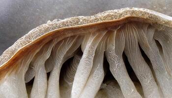 Close up view of fresh raw Jamur tiram putih or White Oyster mushrooms with gills textures. photo