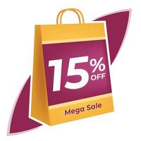 15 percent off. 3D Yellow shopping bag concept in white background. vector