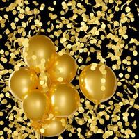 golden balloon ribbon and confetti celebration birthday party background. photo