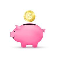 Pink piggy bank and falling golden coin. Saving money concept. Vector illustration