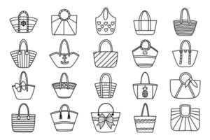 Beach bags set icons. Isolated hand drawn doodle sketch vector illustration.