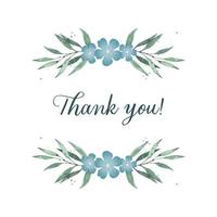 Thank you phrase lettering with watercolor drawing leaves and flowers in rustic style. Isolated vector illustration on white background.