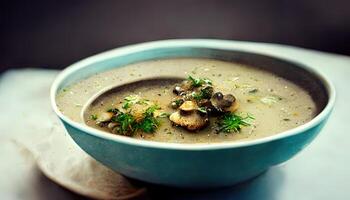A bowl of creamy mushroom soup. photo