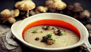 A bowl of creamy mushroom soup. photo