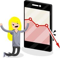 Large mobile phone with falling red business graph. Sad young blogger girl on knees. decrease in views and subscribers. Internet statistics. Business problem. woman and a smartphone. Flat illustration vector