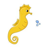 Seahorse yellow cartoon vector illustration, air bubble. Hippocampus Isolated Ocean Marine animal.