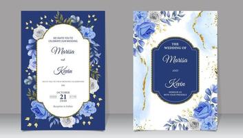 Luxury wedding invitation with blue flowers and gold glitter vector