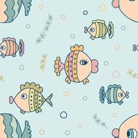 Summer seamless pattern with kawaii doodle fishes. Perfect print for tee, textile, paper and fabric. vector