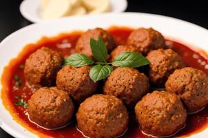 Meatballs with tomato sauce on a white plate, close-up. photo